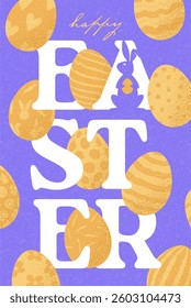 Easter banner template. A festive typography and creative Happy Easter vector scene with eggs and typography. Suitable for holiday celebrations, party designs, ads, branding, covers, cards, and sales.