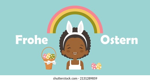 Easter banner template with a happy child with Easter eggs. Happy festive kid. German lettering "Frohe Ostern", in English means "Happy Easter". Easter greeting card template