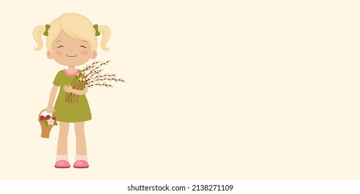 Easter banner template with happy child holding a basket of Easter eggs. Happy festive kid. Horizontal poster design.