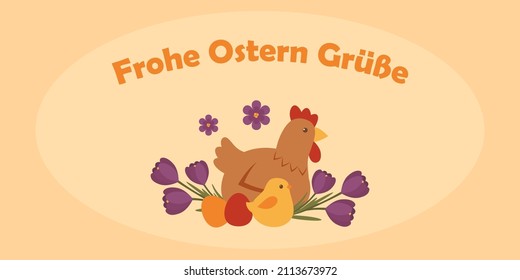 Easter banner template with hen, chicken, Easter eggs and croucuses.