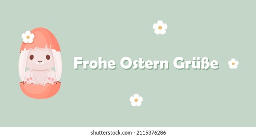 Easter banner template with white Easter bunny in Easter eggshell. German lettering "Frohe Ostern Grüsse", in English means "Happy Easter greetings". Horizontal poster design.