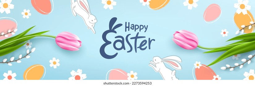 Easter banner template with white bunny and Easter eggs in pastel colors.Greetings and presents for Easter Day in Modern minimal style.Promotion and shopping template