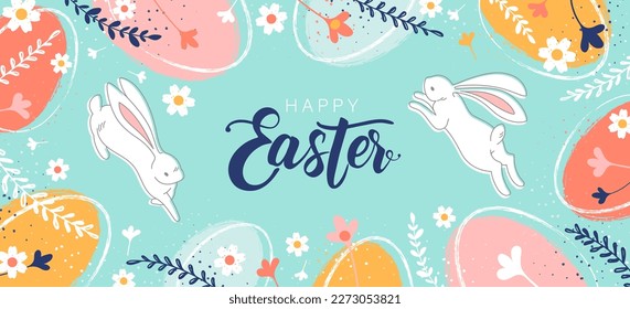 Easter banner template with white bunny,Easter eggs in pastel colors and Hand drawn flowers doodle.Greetings and presents for Easter Day in Modern minimal style.Promotion and shopping template