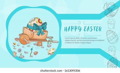Easter banner with text for congratulations, in the style of children's Doodle, wheelbarrow with an egg among the flowers and the inscription congratulations vector EPS 10