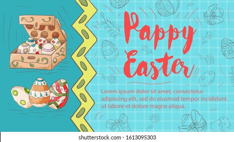 Easter banner with text for greetings, in the style of children's Doodle, with a blue background, gift box, painted eggs and the inscription congratulations vector EPS 10