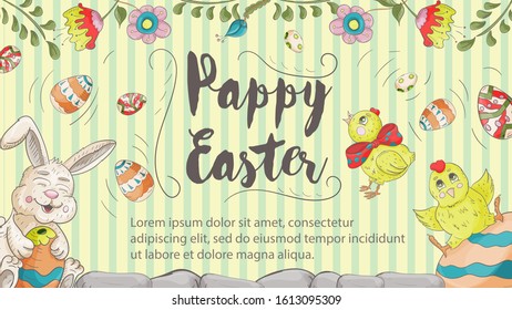 Easter banner with text for greetings, in the style of children's Doodle, a rabbit holding a chicken egg at the top flowers and the inscription congratulations vector EPS 10