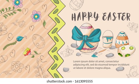 Easter banner with text for greetings, in the style of children's Doodle, with a red background, painted egg with a bow, a brush with a bucket of paint and the inscription congratulations vector 