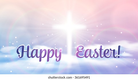 Easter banner with text 'Happy Easter!', shining ?ross and heaven with white clouds. Vector illustration background.