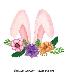 Easter banner with tropical flower rabbits and beautiful painted eggs