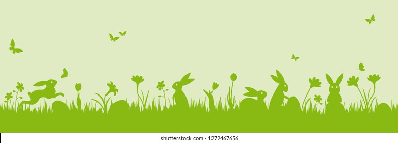 Easter banner. Vector illustration with easter bunnies, flowers, butterflies and eggs on a meadow.