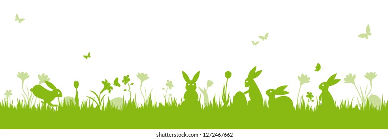 Easter banner. Vector illustration with easter bunnies, flowers, butterflies and eggs on a meadow. Isolated on white.