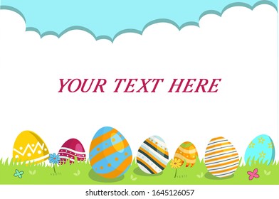Easter banner vector illustration, Colorful Easter eggs on green grass with flowers.Eggs hunt.Happy Easter