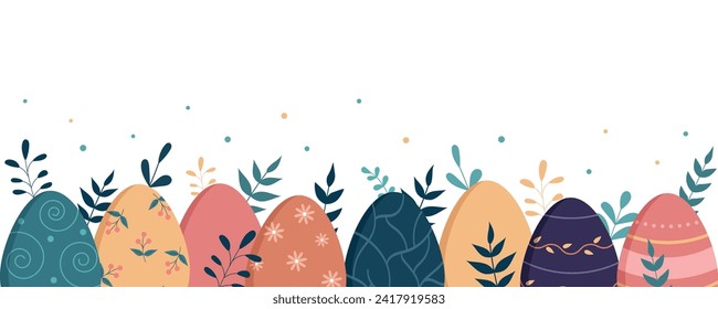 Easter banner. Vector illustration of easter colorful eggs on white background.