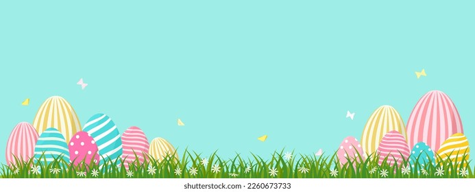 Easter banner vector illustration, colorfully pastel  pattern eggs with beautiful butterfly in green grass field spring flower meadow garden on blue background, Easter egg hunt holiday celebrate