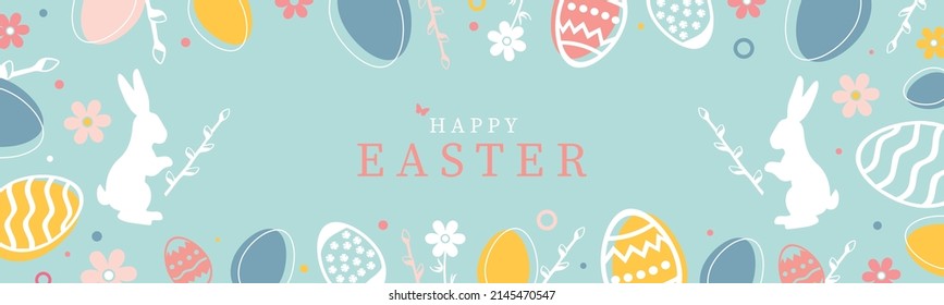 Easter banner, vector illustration. Happy Easter banner. Trendy Easter design with a frame of eggs, bunnies and spring flowers. Greeting card, header for website, abstract banner template. 