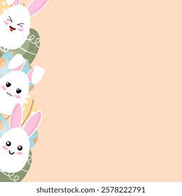 Easter banner, vector illustration. Happy Easter banner. Fashionable Easter design of bunnies and eggs in pastel colors. Modern flat style.