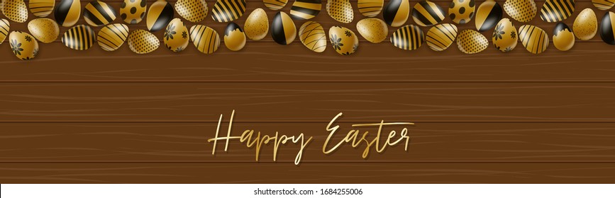 Banner de Pascua o encabezado del sitio web. Fondo de madera marrón. Huevos de oro con decoración negra. Ilustración vectorial.