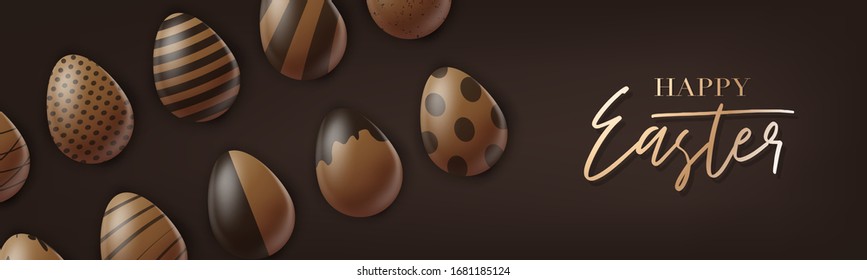 Easter banner or website header. Chocolate eggs on brown background. Vector illustration.