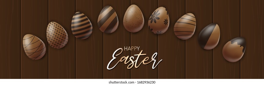 Easter banner or website header. Chocolate eggs on wooden brown board background. Vector illustration.
