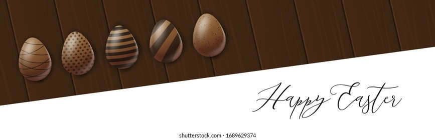 Easter banner or website header. Chocolate eggs on wooden brown board background. Vector illustration.