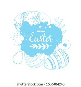 Easter banner with the words "Easter" on an isolated background. Painted eggs, flowers, and patterns are placed on the banner. Vector. Kontspt: Easter holiday, gifts, cards, invitations.