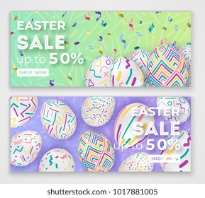 Carteles de Pascua con huevos ornamentados en 3d sobre verde y violeta con letras. Fondo de Semana Santa del vector circular
