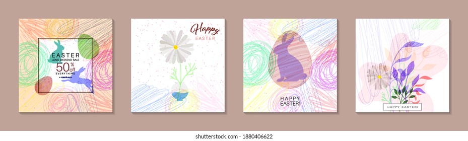 Easter banners, backgrounds. Trendy Easter square abstract templates. Suitable for social media posts, mobile apps, cards, invitations, banners design and web or internet ads. Vector illustration.