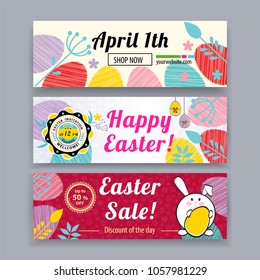 Easter banners with bunny, multicolored eggs. Easter blank
