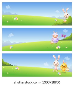 Easter banners with cute animals bunny chicken lamb butterfly on spring landscapes background