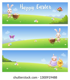 Easter banners with cute animals bunny chicken lamb butterfly bird on spring landscapes background
