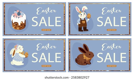 Easter Banners with Cute Bunnies, Decorated Eggs and Festive Easter Elements with Shimmering Glitter Effect. Design is horizontal, elegant and stylish, Ideal for seasonal promotions, holiday discounts