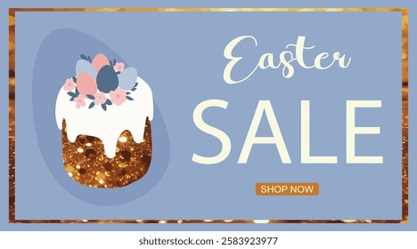 Easter Banners with Cute Bunnies, Decorated Eggs and Festive Easter Elements with Shimmering Glitter Effect. Design is horizontal, elegant and stylish, Ideal for seasonal promotions, holiday discounts