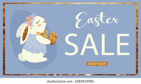 Easter Banners with Cute Bunnies, Decorated Eggs and Festive Easter Elements with Shimmering Glitter Effect. Design is horizontal, elegant and stylish, Ideal for seasonal promotions, holiday discounts