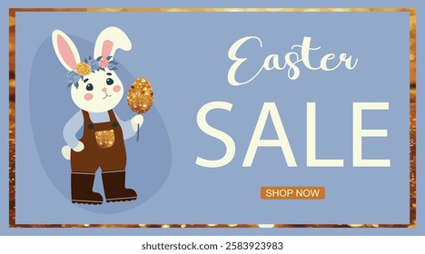 Easter Banners with Cute Bunnies, Decorated Eggs and Festive Easter Elements with Shimmering Glitter Effect. Design is horizontal, elegant and stylish, Ideal for seasonal promotions, holiday discounts