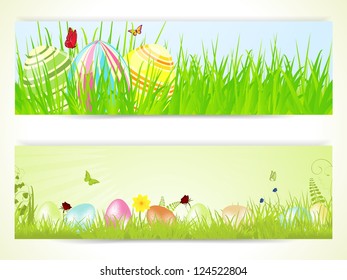 Easter banners with decorative and speckled easter eggs hidden in grass