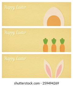 Easter banners with egg, rabbit ears and carrot, realistic paper effect color cardboard background