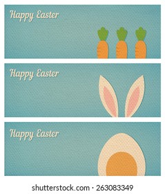 Easter banners with egg, rabbit ears and carrot, realistic paper effect color cardboard background