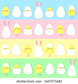 Easter banners with eggs, cute chickens, bunny ears. Vector illustration background