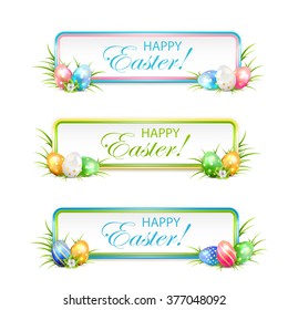 Easter banners with multicolored eggs in a grass, illustration.