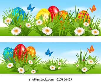 Easter banners with multicolored eggs in a grass with daisy, butterfly and ladybug