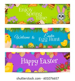 Easter banners with multicolored eggs holiday celebration design season card. Nature seasonal easter banner spring vector background. traditional flower happy easter greeting card.