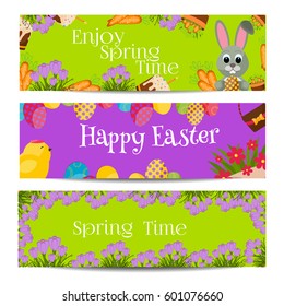 Easter banners with multicolored eggs holiday celebration design season card. Nature seasonal easter banner spring vector background. traditional flower happy easter greeting card.