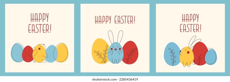 Easter banners and postcards. Modern and minimalist design with Easter eggs, bunnies and flowers	