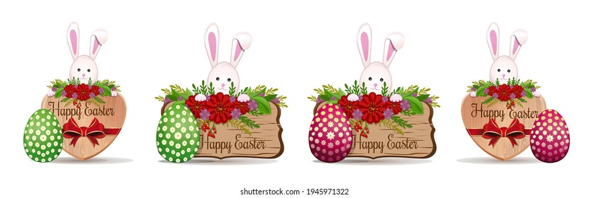 Easter banners set with Easter eggs and a cute Easter bunny. Happy Easter. Vector illustration isolated on white background