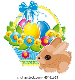 Easter basket with blue bow and a cute bunny