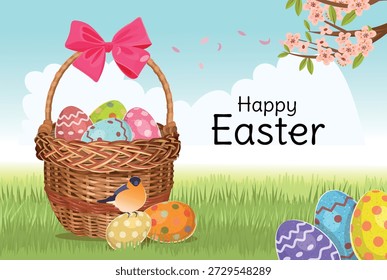 An Easter basket with a bow and colorful eggs. The Easter basket with eggs sits in a beautiful flower garden. Collecting eggs. Happy Easter. Postcard.