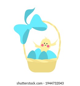 Easter basket with bow, eggs and chicken in it. easter egg hunt design element. Template for greeting card or invitation card. vector illustration