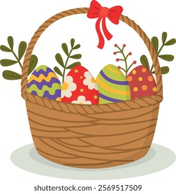 Easter basket with brightly painted eggs. Festive illustration with traditional holiday symbols