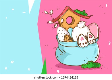 Easter basket Bunny and eggs, pink blue