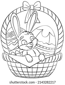 Easter basket and bunny. Element for coloring page. Cartoon style.